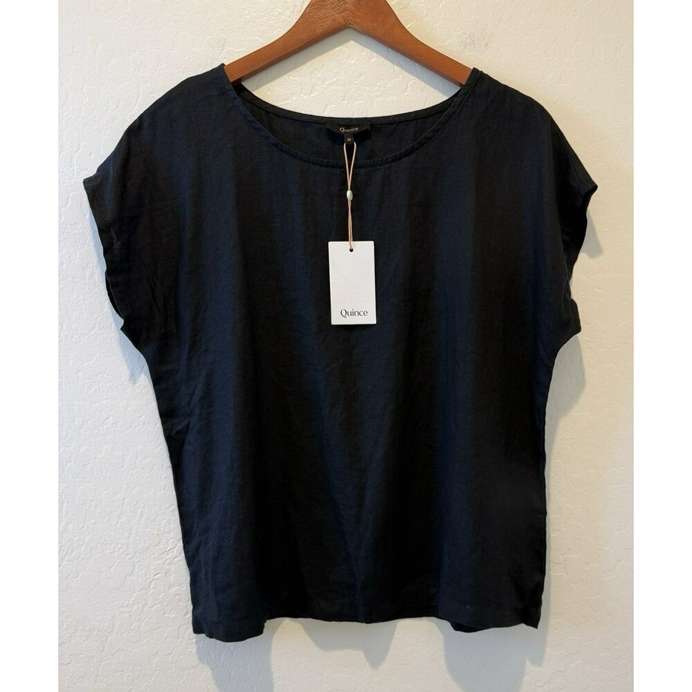 NWT QUINCE M Black 100% Linen Cap Sleeve Dolman Boxy Round Neck Top Minimalist